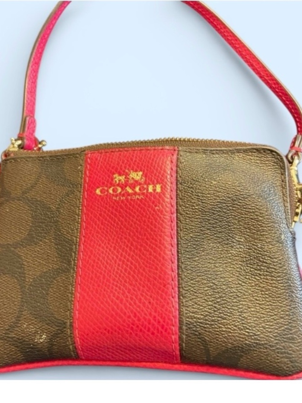 Coach Women's Brown & Pink Signature Leather Wristlet
